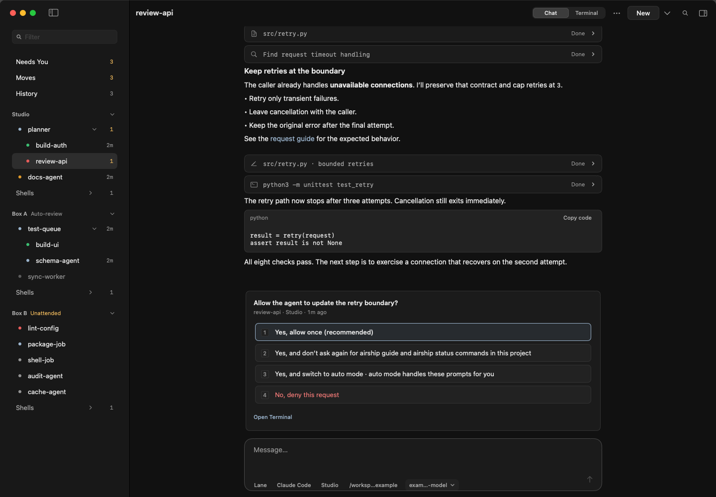 An inline approval card with numbered choices in Chat