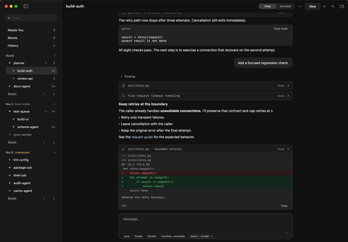 The airship Mac app in dark Chat view, with a tool diff and agents across several hosts