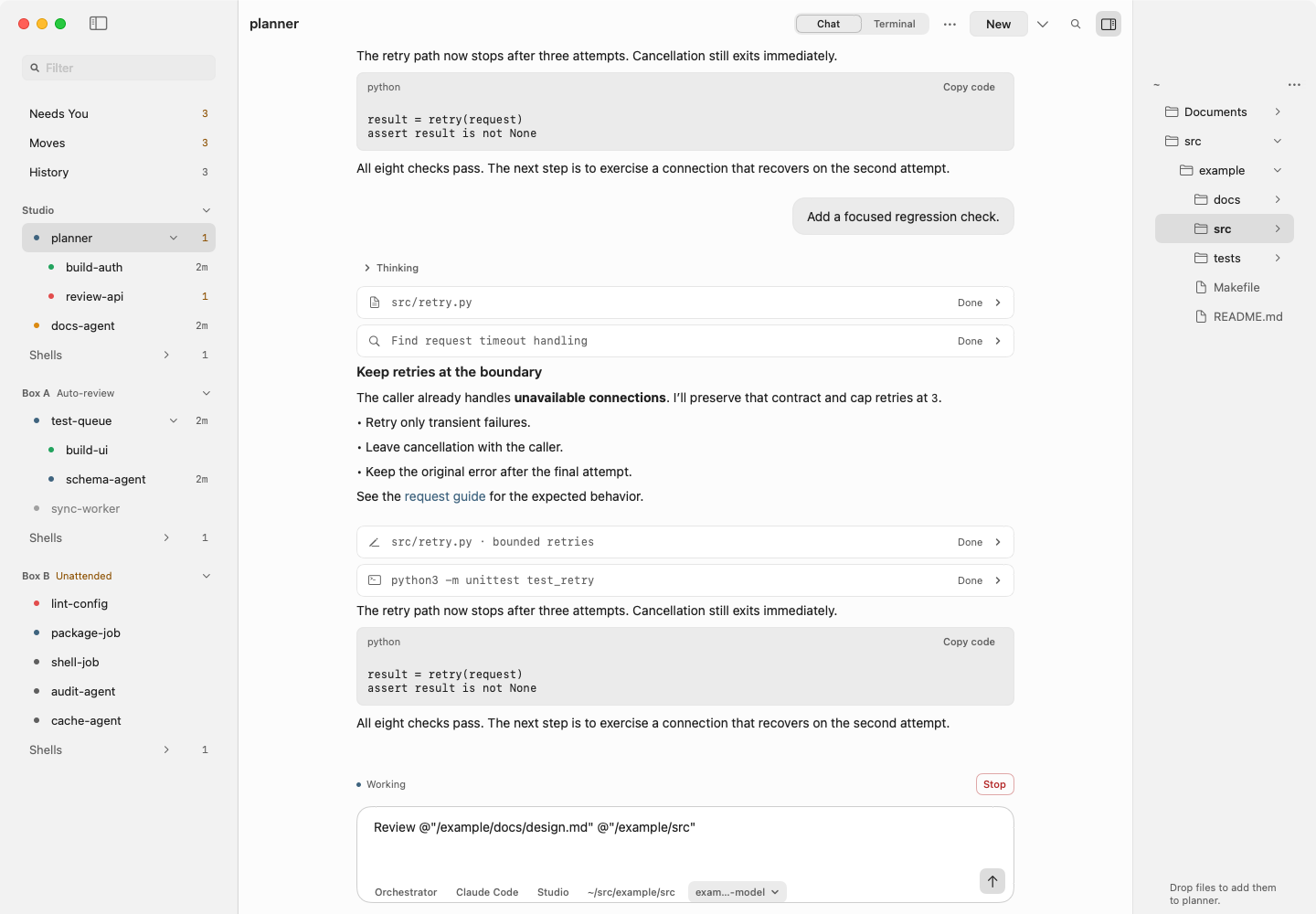 Explorer beside Chat, with file mentions in the composer